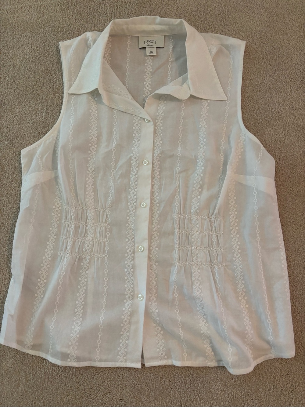 LOFT White Sleeveless Embroidered Button-Up Blouse